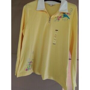 Breckenridge Women XL Yellow Quarter Zip Embroidered Bird Floral Long Sleeve Top